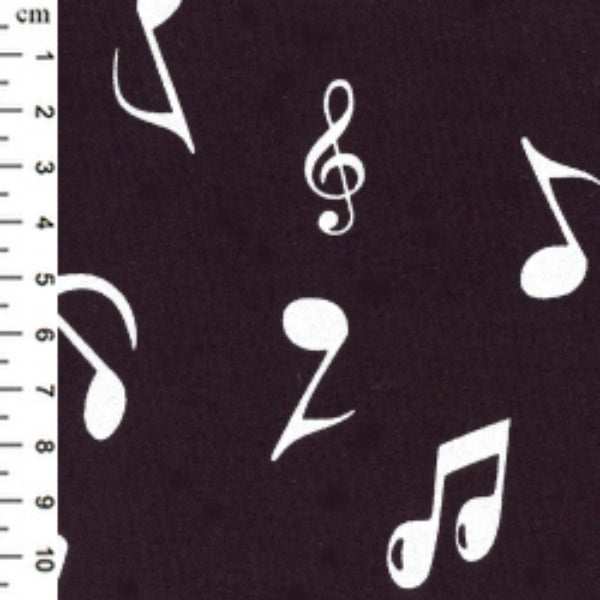 Poplin Cotton Print - White Musical Notes on Black - Designed by "Rose & Hubble" - 112cm/44"