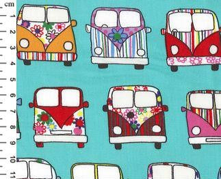 Cotton Poplin Print 112cm - Mint Camper vans Rose & Hubble Green