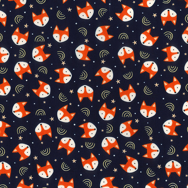 Poplin Cotton - Foxes on Navy - Designed by "Rose & Hubble" - 112cm / 44"
