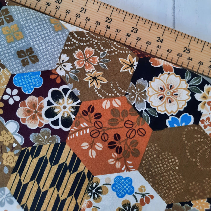Cotton Poplin Print 112cm -Brown/Tan Flower Hexagone patchwork Designed by Belleboo