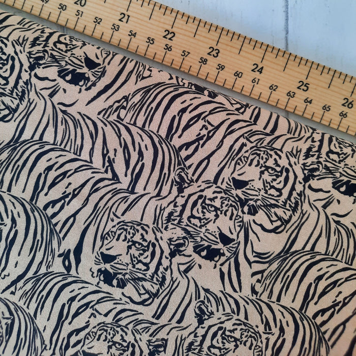 Cotton Poplin Print 112cm - Black outlined Tiger on Tan Rose & Hubble