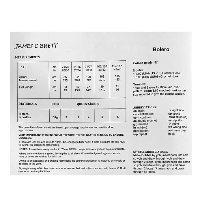 James C Brett - Crochet Pattern #JB361 - Bolero in Noodles Chunky