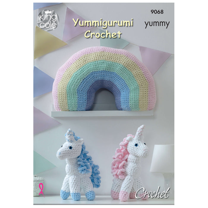 King Cole - Crochet Pattern #9068 - Unicorns & Rainbow Cushion in Yummy Chunky