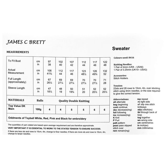James C Brett- Knitting Pattern #JB191 - Sweater in Top Value DK