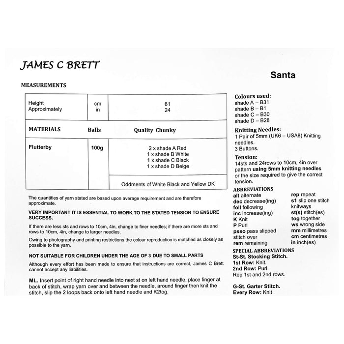 James C Brett - Knitting Pattern #JB459 - Santa in Flutterby Chunky