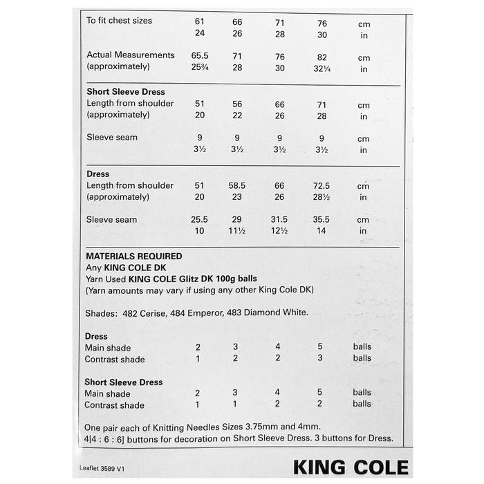 King Cole - Knitting Pattern #3589- Dresses in Glitz DK