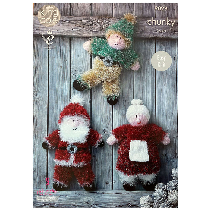 King Cole - Knitting Pattern #9029-Christmas Toys - Santa, Elf, Mrs Claus in Tinsel Chunky