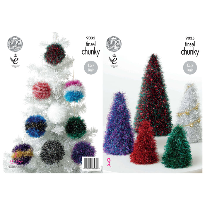 King Cole - Knitting Pattern #9035 - Xmas Trees & Baubles in Tinsel Chunky