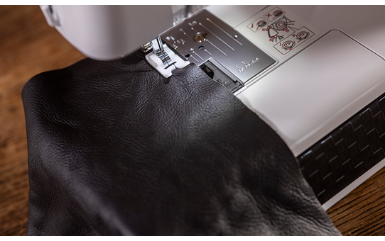 Brother HF37 sewing through black leather fabric with non-stick presser foot