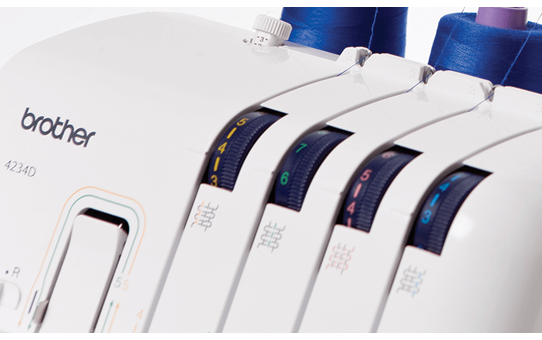 Close-up of the Brother 4234D overlocker showing colour-coded threading guides with four thread spools