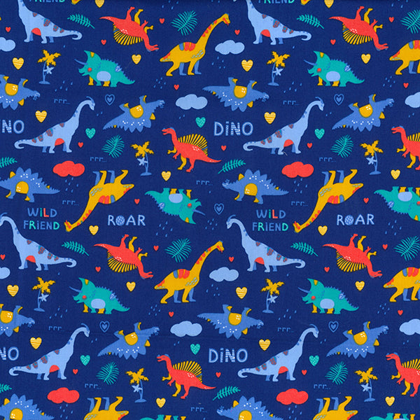 Poplin Cotton - Multi Dinosaurs on Royal Blue - 112cm / 44"