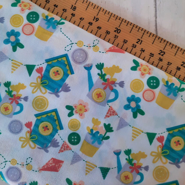 Cotton Poplin Print 112cm - Spring bunting/watercan/bird tree