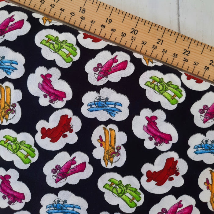 Cotton Poplin Print 112cm - Multi colour Vintage planes on BlackRose & Hubble