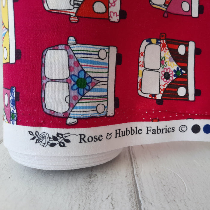 Cotton Poplin Print 112cm - Cerise Camper vans  Rose & Hubble