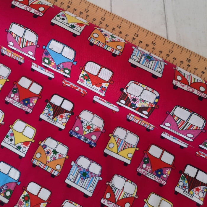 Cotton Poplin Print 112cm - Cerise Camper vans  Rose & Hubble