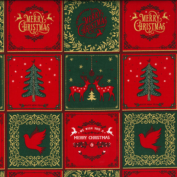 Craft Cotton - Merry Christmas small panels on Red - 135cm / 53"