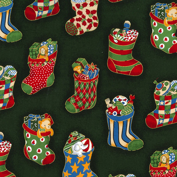 Craft Cotton - Vintage Christmas Stockings on Green - 135cm / 53"