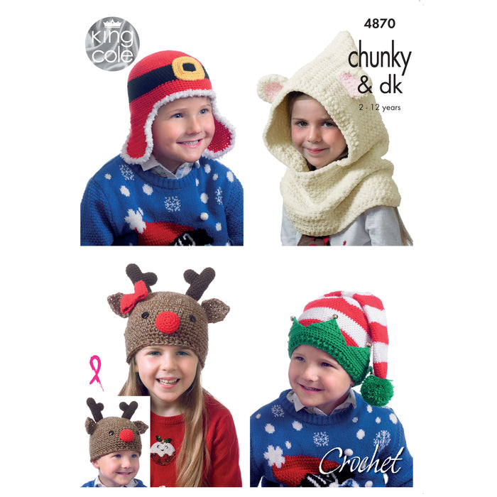 King Cole - Crochet Pattern #4870 - Kids Christmas Novelty Hats in Chunky & DK