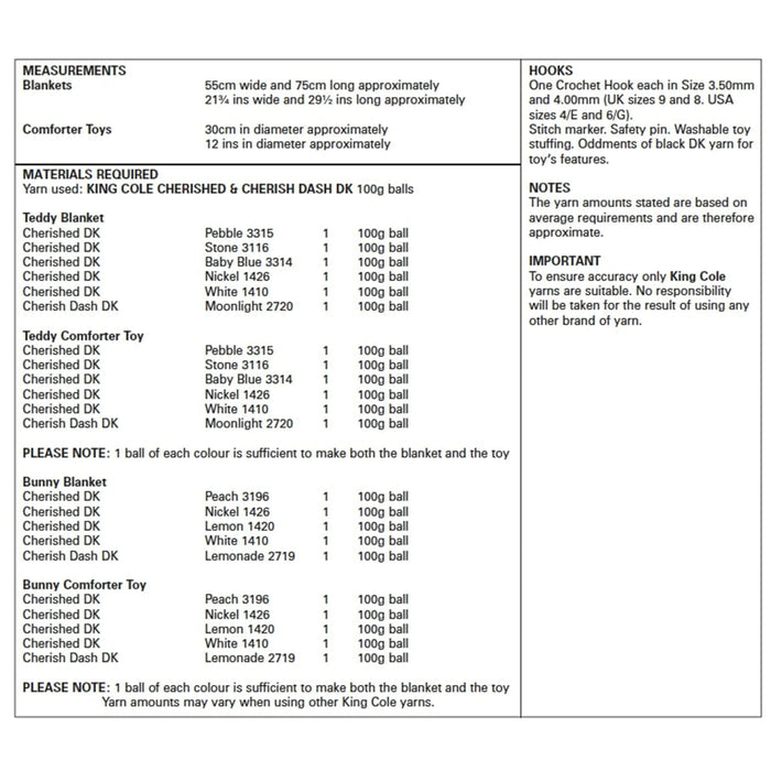 King Cole - Crochet Pattern #5503 - Blankets & Comforter Toys in Cherished & Cherish Dash DK