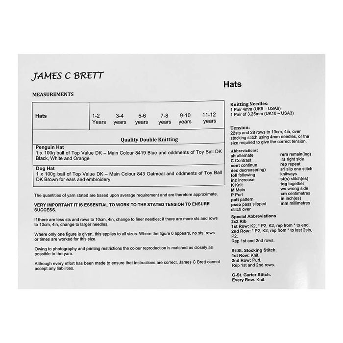 James C Brett - Knitting Pattern #JB238 - Hats in Top Value DK