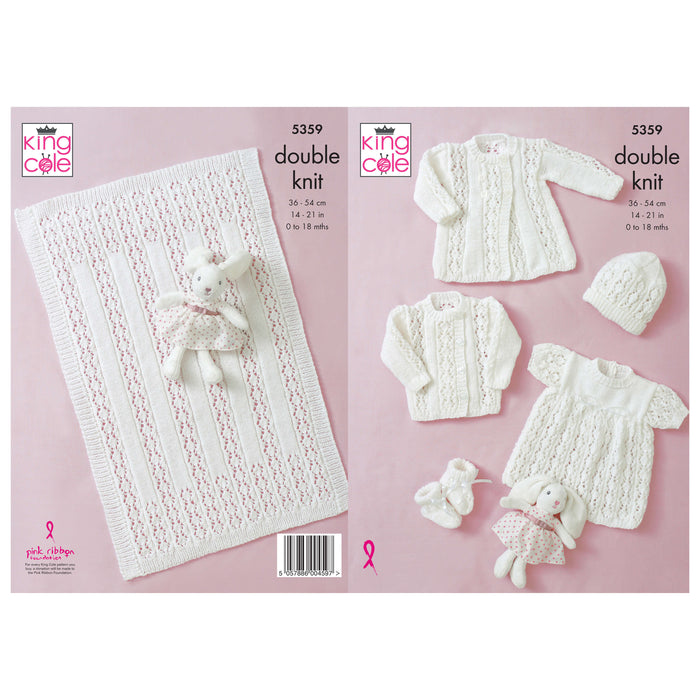 King Cole - Knitting Pattern #5359 - Jacket, Matinee Coat, Angel Top, Hat, Bootees & Blanket in Comfort DK