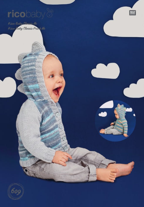 Rico - Knitting Pattern #609- Dinosaur Hoodies in Baby Classi Print DK