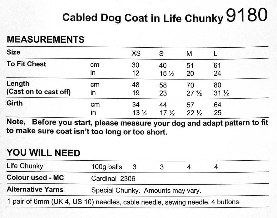 Stylecraft - Knitting Pattern #9180 - Cable Dog Coat in Life Chunky